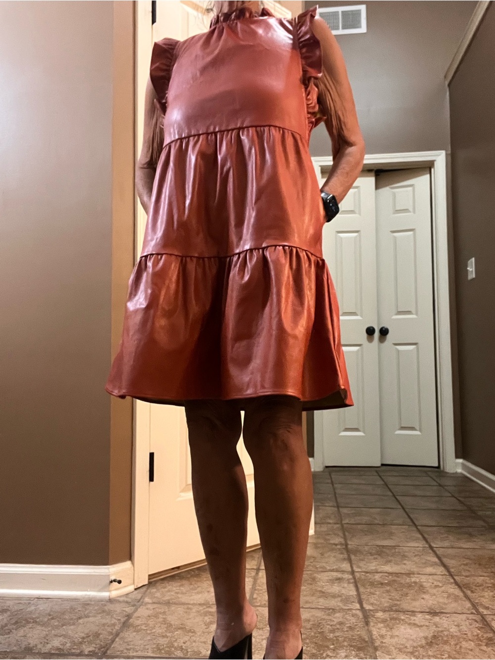 THML Rust Ruffle Neck Tiered Faux Leather Dress Fabulous!!!! - Picture 6 of 7